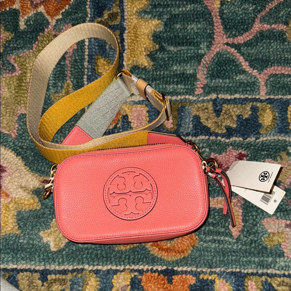 Tory Burch Miller Small Coral Crossbody Bag with Multicolor Strap